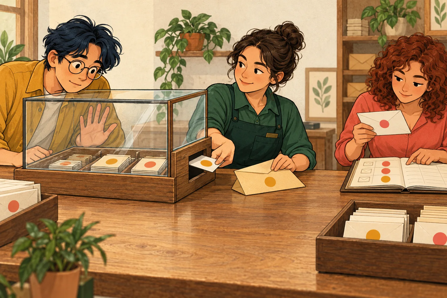 戴眼镜的助手把手贴在透明罩外；邮务员从侧槽取出小卡准备装信封，右侧同事对照另一封信和账册。