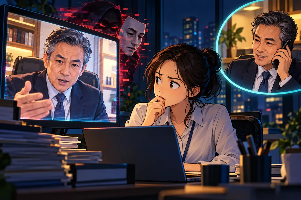 Deepfake Fraud 概念寓意:使用合成语音、图像或视频冒充真实人物,增强诈骗的可信度。