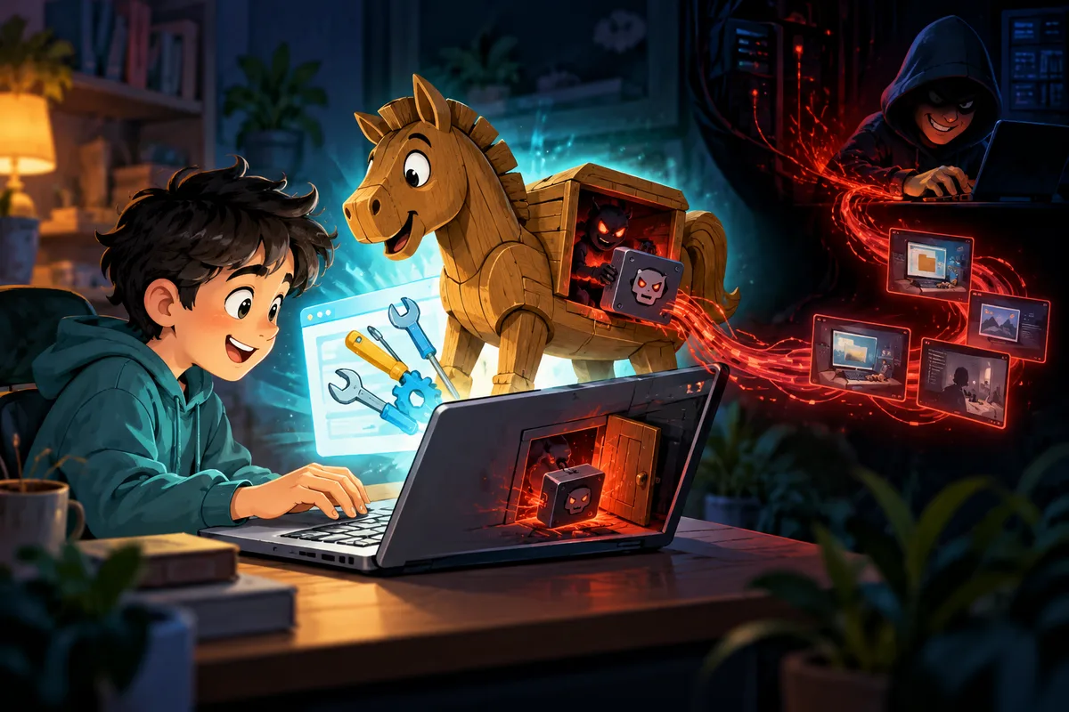 Trojan 概念寓意:伪装成正常软件或文件,诱使用户运行后执行恶意功能。